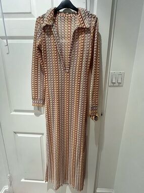 Long Knit Maxi Dress in Cream and Peach with Collared V-Neck